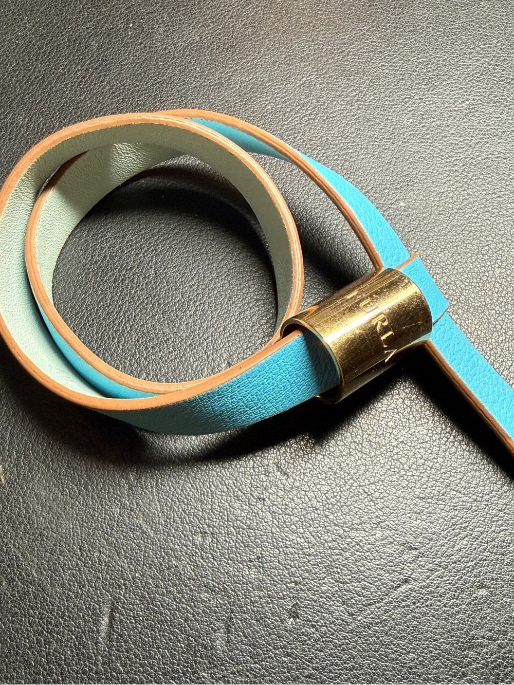 FURLA Blue Leather Double Wrap Bracelet with Gold Tone Clasp